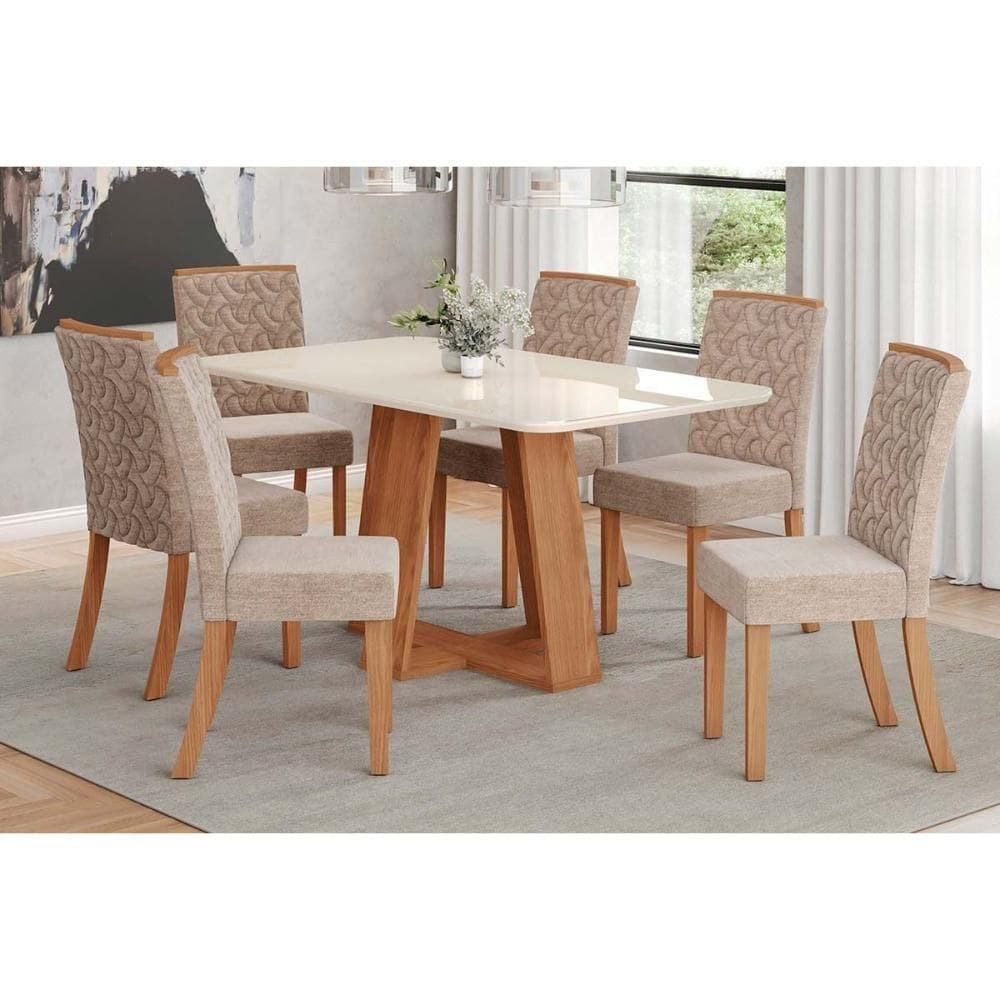 Conjunto Mesa De Cozinha Lins Com Tampo Madeirado Com Vidro Curvo 160x90cm E 6 Cadeiras Esther Nature Linho Creme Henn