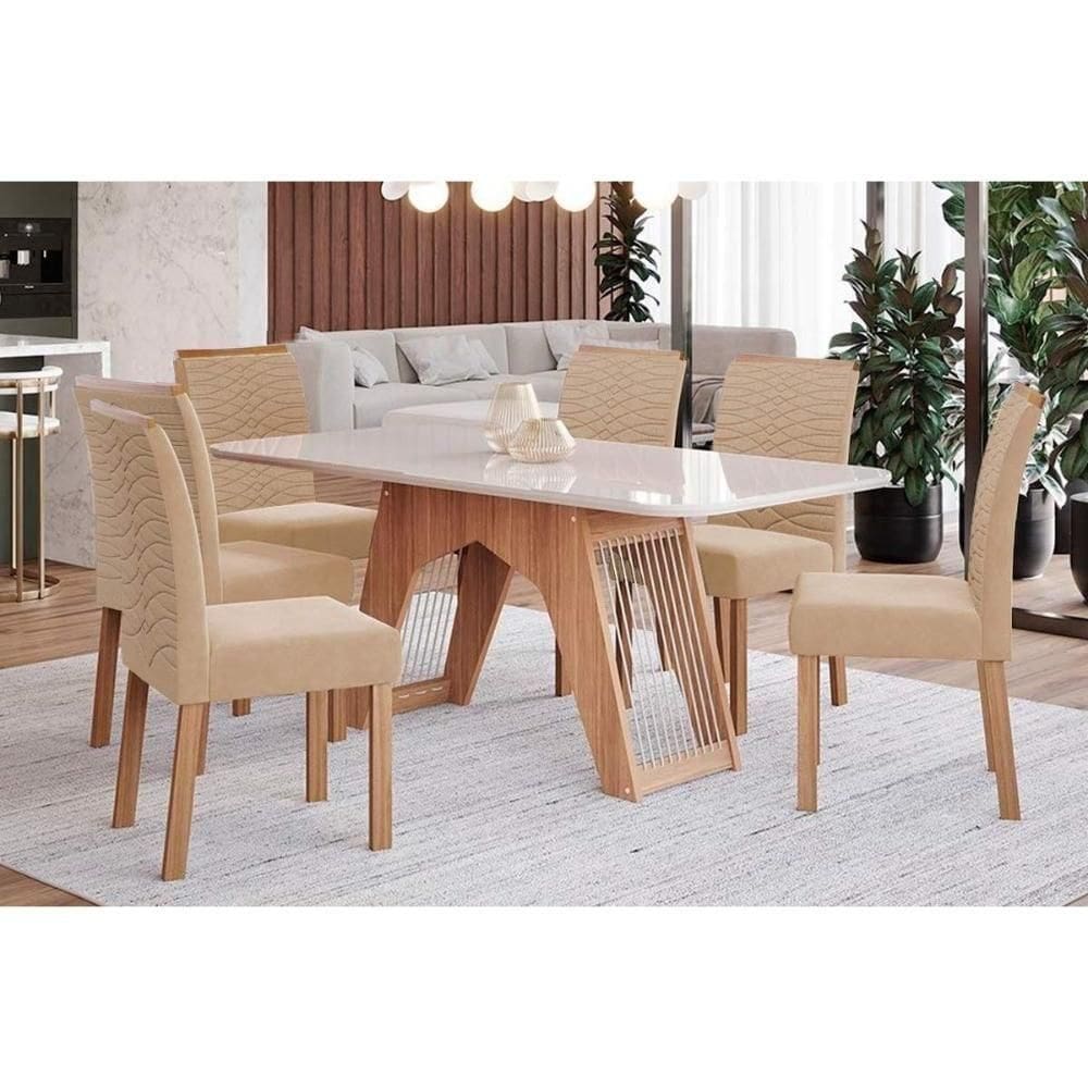 Conjunto Mesa De Cozinha Carol Tampo Madeirado Com Vidro 180x90cm E 6 Cadeiras Clarice Madeirado Linho Bege Cimol