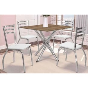 Conjunto Mesa De Cozinha Volga Com Tampo De Madeira 90cm E 4 Cadeiras Portugal Cromado Nogueira Branco Kappesberg