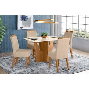 Conjunto Mesa De Cozinha Vértice Tampo Madeirado Com Vidro Canto Reto 120x80cm E 4 Cadeiras Bella Nature Linho Henn