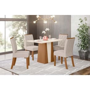 Conjunto Mesa De Cozinha Orus Com Tampo Madeirado 120x80cm E 4 Cadeiras Vita Nature Off White Linho Bege Henn