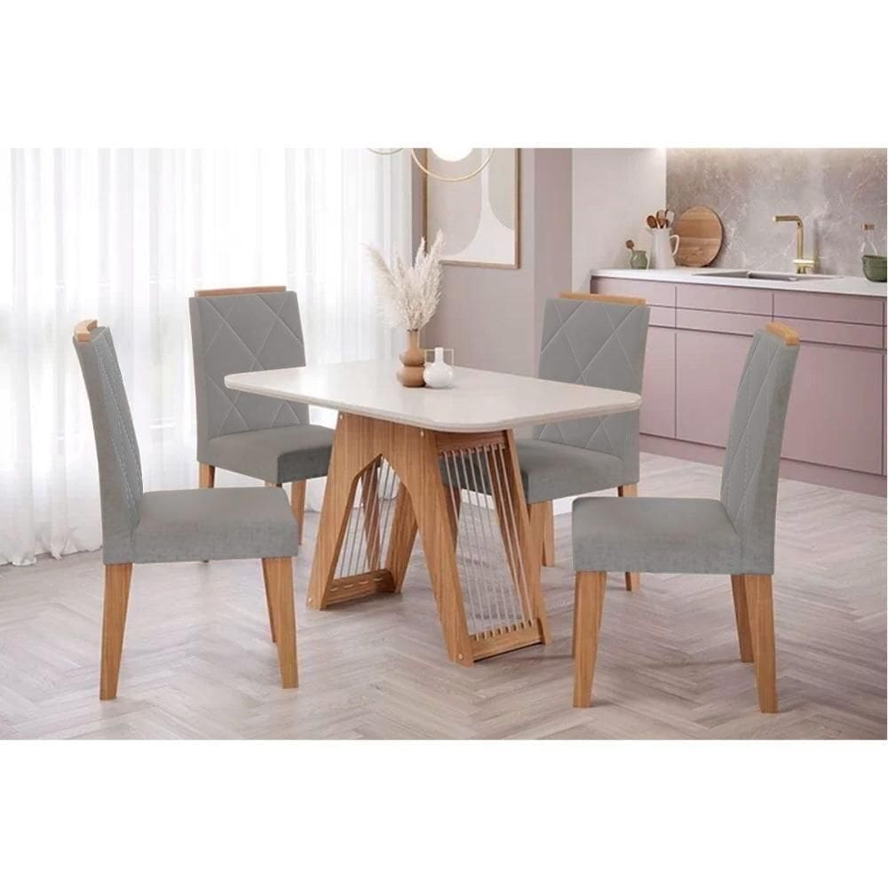 Conjunto Mesa De Cozinha Carol Tampo Madeirado Com Vidro 130x80cm E 4 Cadeiras Fernanda Madeirado Linho Grafite Cimol