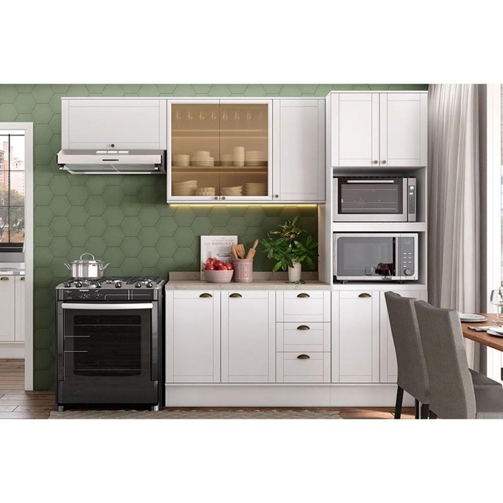 Cozinha Modulada Completa Bella 4 Peças 2 Aéreos + 1 Balcão + 1 Torre Quente C4p197 Branco