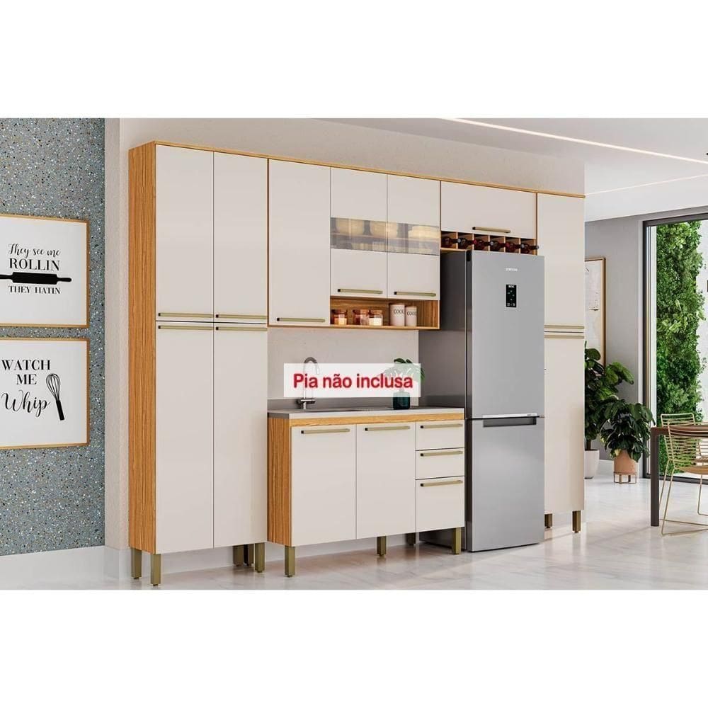 Cozinha Completa 5 Peças Nápoli  2 Aéreos 1 Balcão 2 Paneleiros C5p96 Amendoa Off White Ronipa