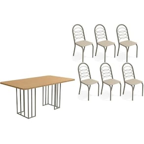 Conjunto Mesa De Cozinha Duina Com Tampo De Madeira 160cm E 6 Cadeiras Holanda Niquel Freijó Courano Bege Kappesberg