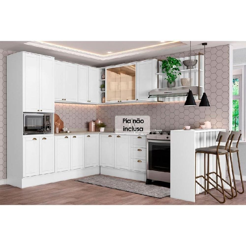 Cozinha Completa 9 Peças Bella 3 Aéreos 3 Balcões 1 Torre Quente 1 Ilha 1 Complemento C9p200 Branco