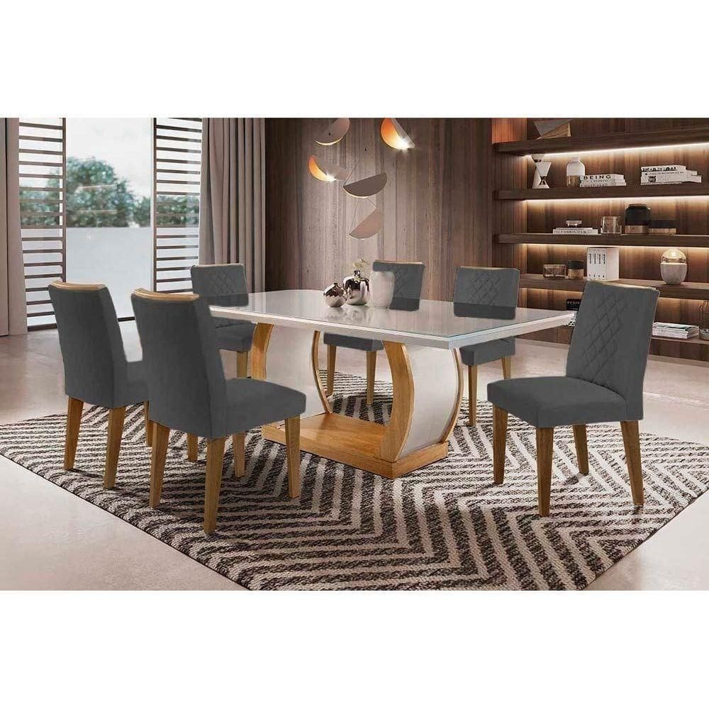 Conjunto Mesa De Cozinha Jade Tampo Madeirado Com Vidro Reto 180x90 E 6 Cadeiras Jade Capuccino Suede Grafite Rufato