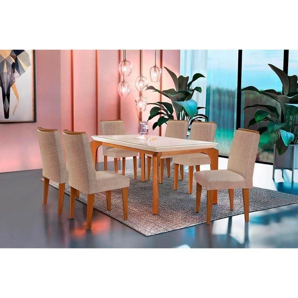 Conjunto Mesa De Cozinha Londrina Tampo Madeirado Com Vidro 180x90cm E 6 Cadeiras Lunara Capuccino Suede Creme Rufato