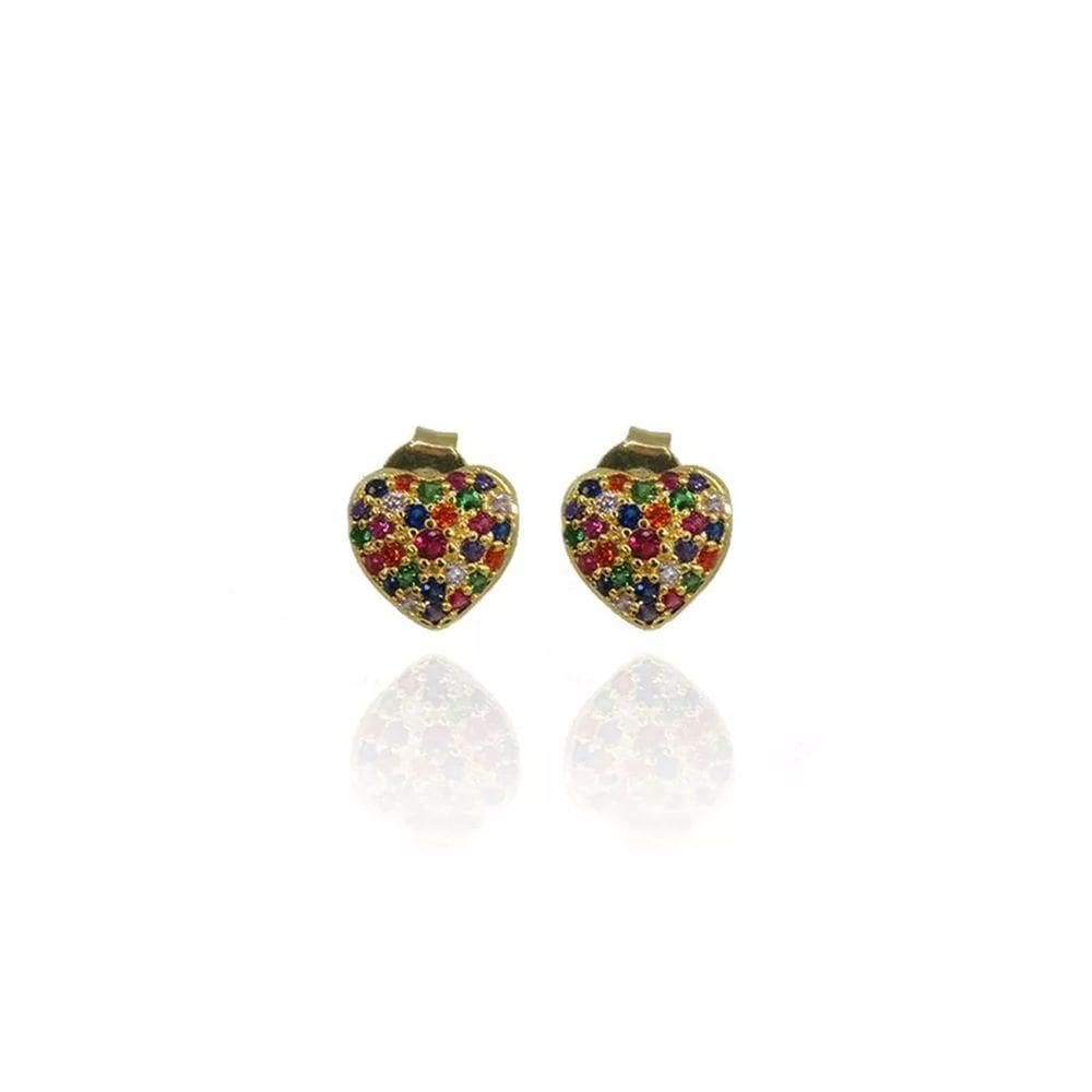 Brinco Pequeno De Coração Com Zircônias Colorido Folheado A Ouro 18k