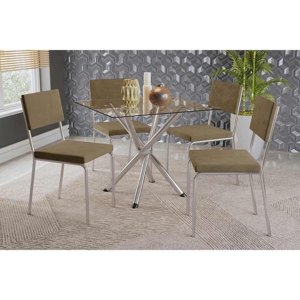 Conjunto Mesa Sala Jantar Volga Com Tampo De Vidro 90cm E 4 Cadeiras Zaria Cromada Suede Bege Kappesberg