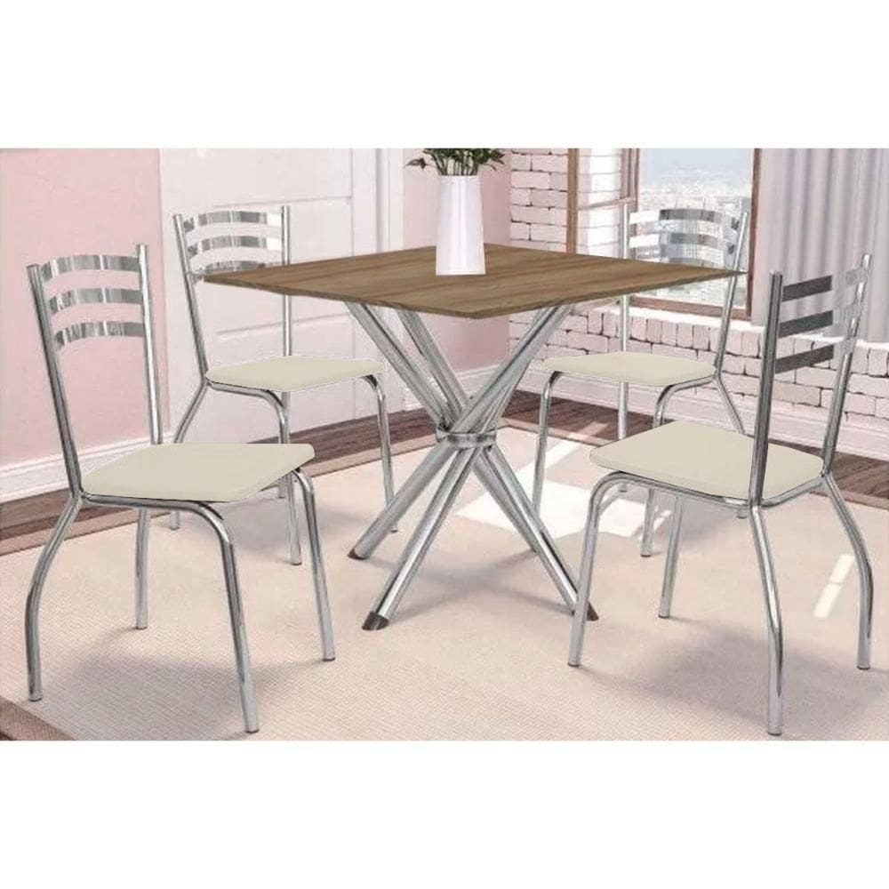 Conjunto Mesa Sala Jantar Volga Com Tampo De Madeira 90cm E 4 Cadeiras Portugal Cromada Nogueira Bege Kappesberg