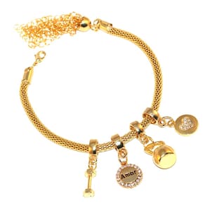 Pulseira Berloque Amor Saúde Academia Halter Folheado 18k