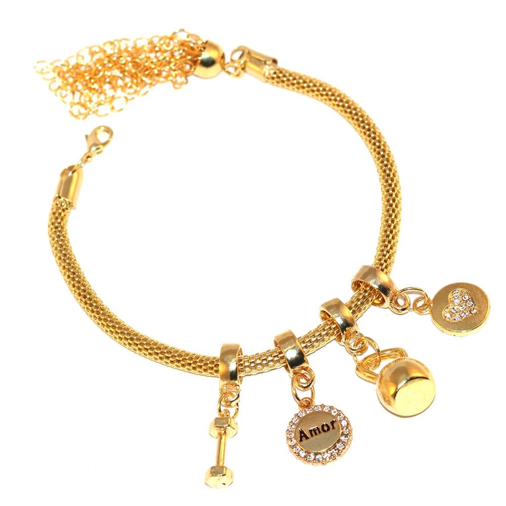 Pulseira Berloque Amor Saúde Academia Halter Folheado 18k