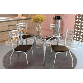Conjunto Mesa Sala Jantar Elba Com Tampo De Vidro 120cm E 4 Cadeiras Portugal Cromada Courano Marrom Kappesberg