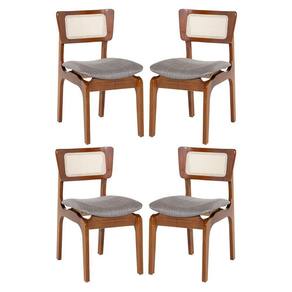 Kit 4 Cadeiras De Jantar Portugal Madeira Imbuia Com Encosto Tela Rattan Linho Cinza L55