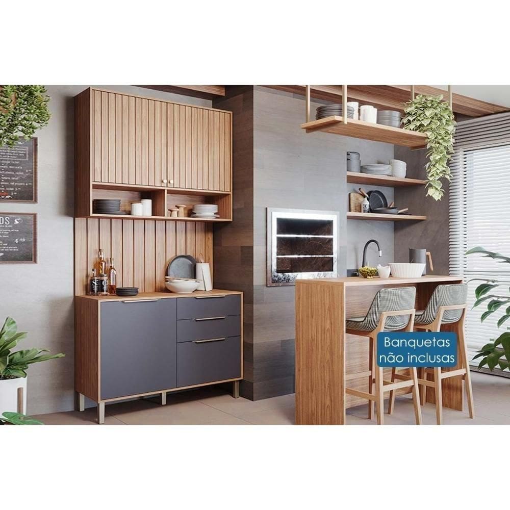Kit Cozinha Modulada 5 Peças Divina 1 Aéreo + 1 Balcão + 1 Ilha + 2 Complementos C5p186 Freijó Titanium