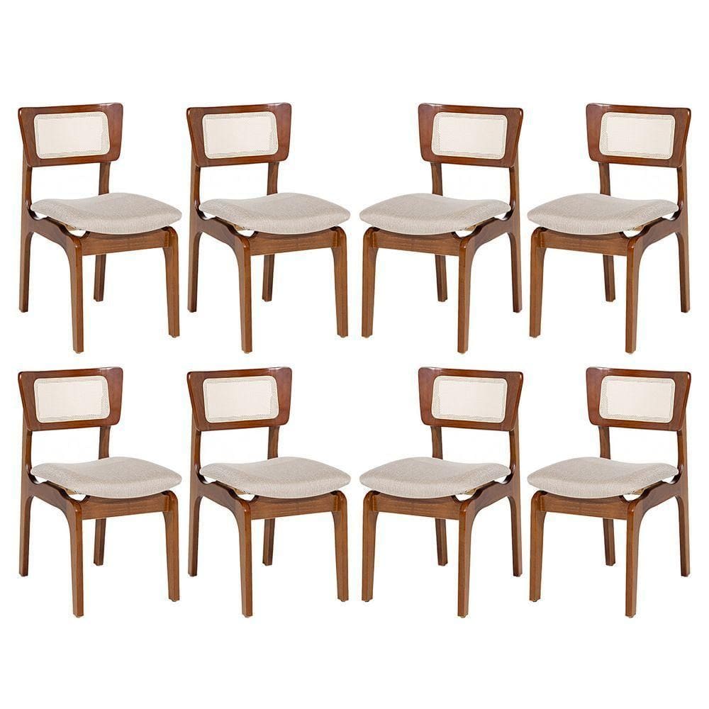 Kit 8 Cadeiras De Jantar Portugal Em Madeira Imbuia Encosto Tela Rattan Linho Bege M58