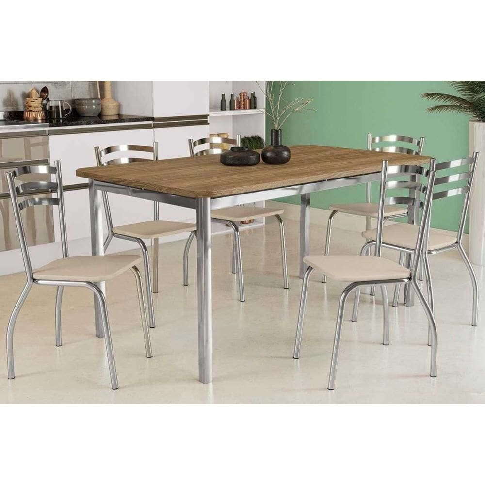 Conjunto Mesa De Cozinha Reno Com Tampo Madeira 160cm E 6 Cadeiras Portugal Cromada Nude 16 Kappesberg