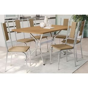 Conjunto Mesa Sala Jantar Loire Tampo Madeirado 90x160cm E 6 Cadeiras Lisboa Cromado Nogueira Capuccino Kappesberg