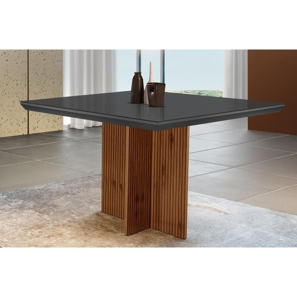 Mesa Para Cozinha Berlim Com Tampo 90x90cm Madeirado Vidro Canto Curvo Imbuia Ripado 3d Grafite Rufato