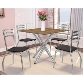Conjunto Mesa Sala Jantar Volga Com Tampo De Madeira 90cm E 4 Cadeiras Portugal Cromado Nogueira Preto Kappesberg