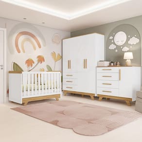 Conjunto de Quarto Infantil com Berço Retrô Guarda Roupa e Cômoda Lisa MDF Móveis Peroba