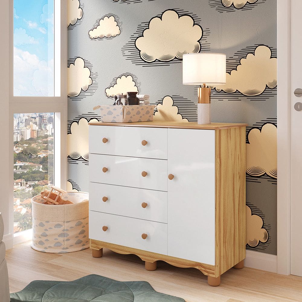 Cômoda Infantil 4 Gavetas 1 Porta com Pés 100 MDF Junior Móveis Peroba