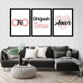 Kit 3 Quadros Fé, Obrigado Deus E Amor 24X18Cm