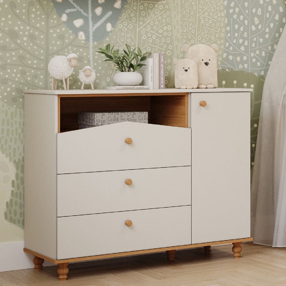 Cômoda Infantil 3 Gavetas 1 Porta com Pés 100 MDF Dengo Permobili