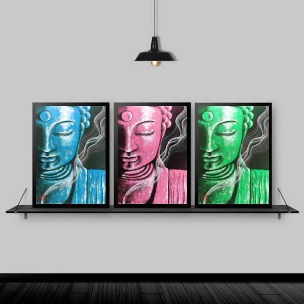 Kit 3 Quadros Feng Shui Budas Coloridos 24X18 Moldura Preta