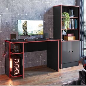 Conjunto para Quarto Mesa e Armário Gamer Preto / Vermelho