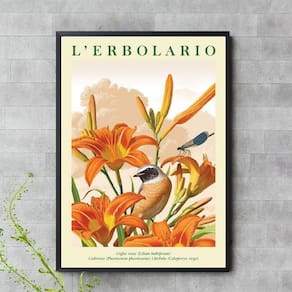 Quadro Floral Laranja Com Passarinho 24X18Cm