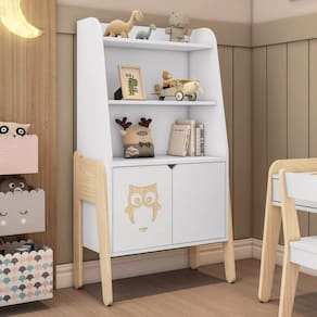 Estante Infantil 3 Prateleiras e 2 Portas Corujinha Casatema Branco/Natural
