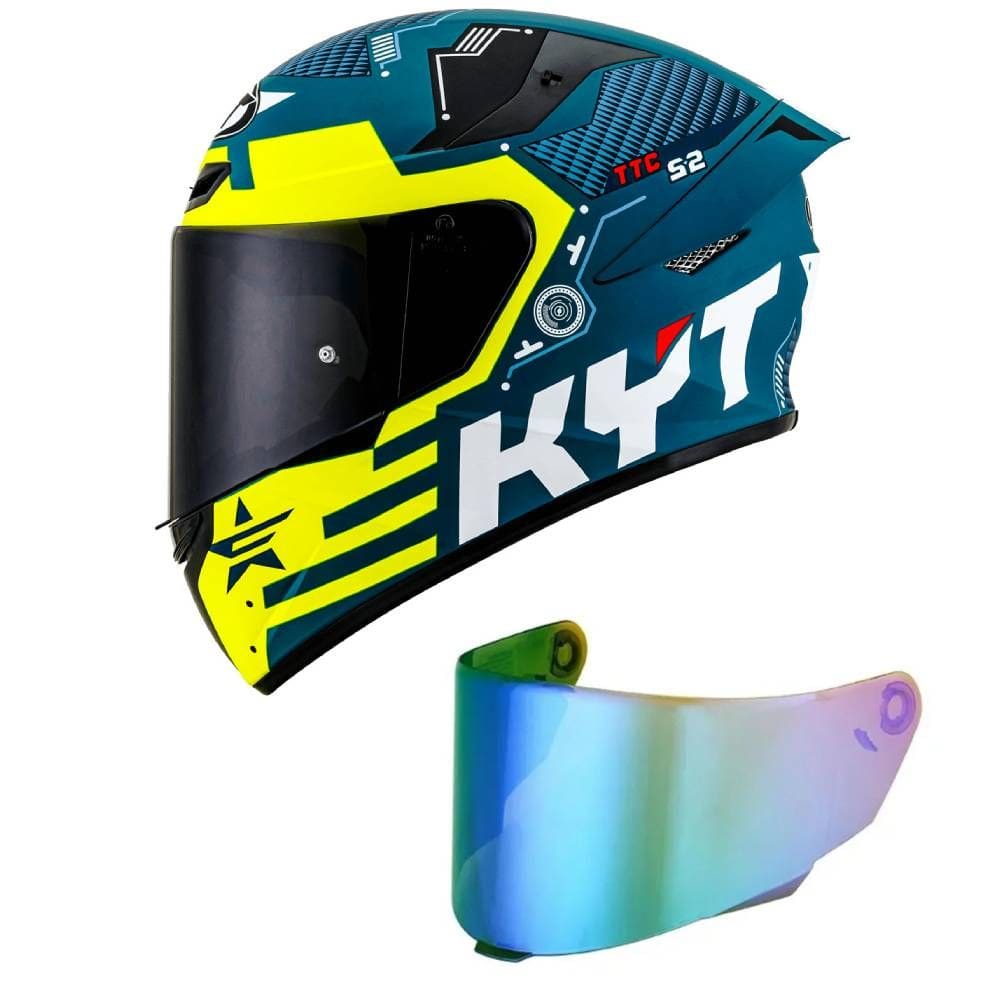 Capacete KYT TT Course Fuselage Azul e Amarelo Mais Viseira Camaleão