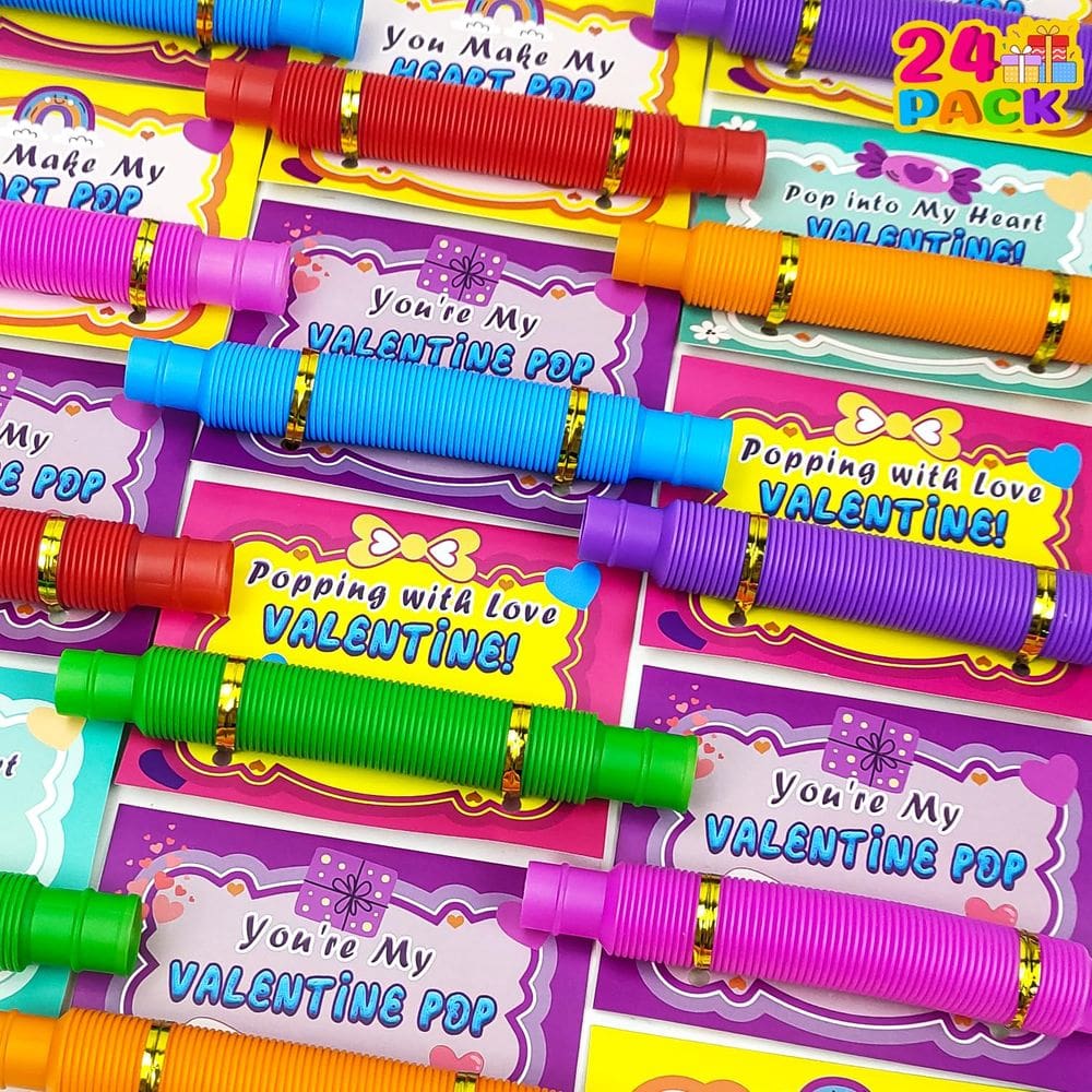 Cartões de presente de Dia dos Namorados para crianças em sala de aula, pacote com 24 Pop Tubes Fidget Toys