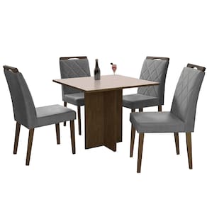 Mesa de Jantar Los Angeles 90x90cm em Linho com 4 Cadeiras Minas Plac Cor Canela Off White com Tecido Cinza