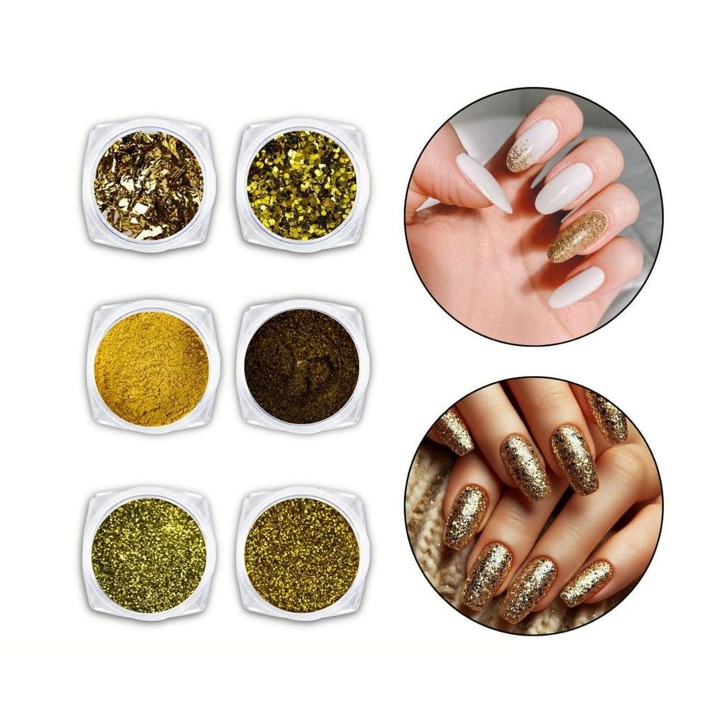 Kit 6 Glitter Pó Cromado Metalizado Unhas De Gel Dourado