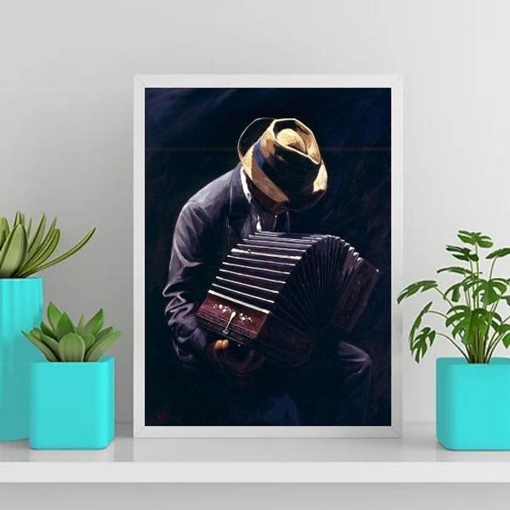 Quadro Homem Tocando Acordeon 24X18Cm - Madeira Branca