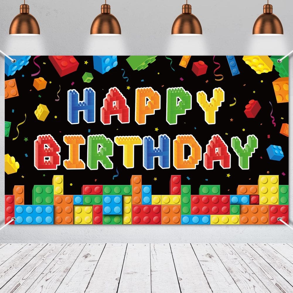 Painel de fundo de festa Building Block Birthday 185x110cm