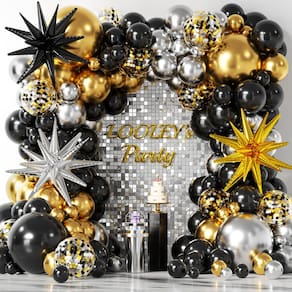 Kit Balloon Garland Arch LOOLEY Preto, Ouro, Prata, 137 unidades