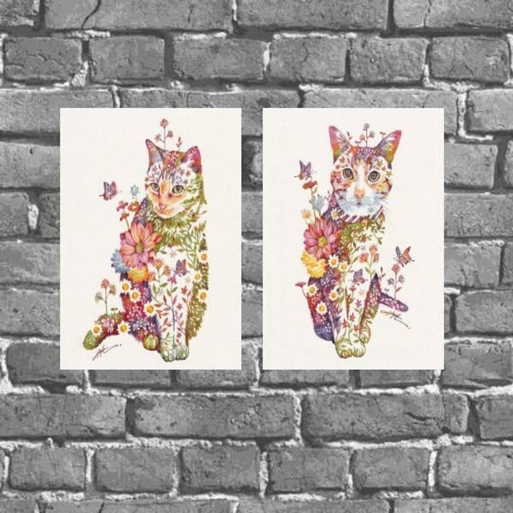 Kit 2 Placas Parede Gatinhos Com Flores 18X27Cm