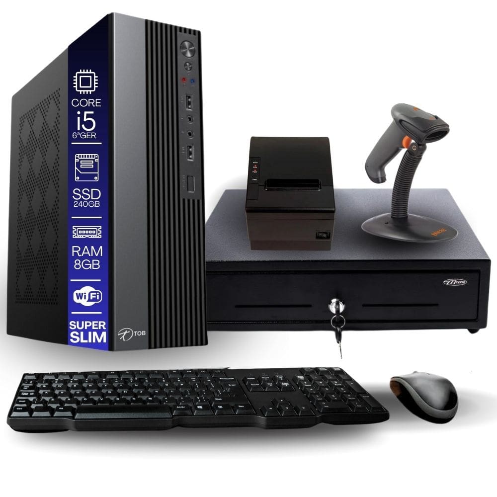 Kit Automação PDV TOB Intel i5 6ªG 8GB SSD 240GB Win10 Rede S/Fio Teclado Mouse Gaveta Dinheiro Impressora Térmica Leitor Código de Barras