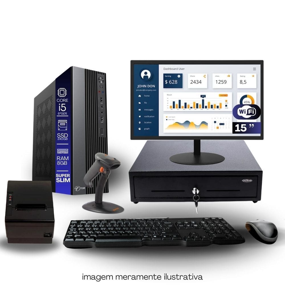 Kit Automação PDV TOB i5 6ªG 8GB SSD 240GB Win10 Rede S/Fio Teclado Mouse Monitor 15" Gvt. Dinheiro Imp. Térmica Leitor Cód Barra