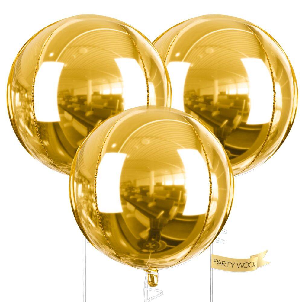 Balões metalizados PartyWoo Gold 4D 50cm redondos 3 peças com fita