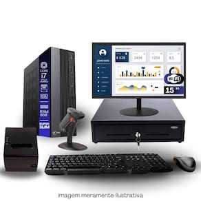 Kit Automação PDV TOB i7 6ªG 8GB SSD 240GB Win10 Rede S/Fio Teclado Mouse Monitor 15" Gvt. Dinheiro  Imp. Térmica Leitor Cód Barra