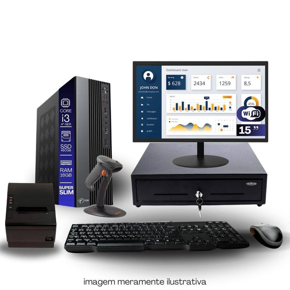 Kit Automação PDV TOB i3 4ªG 16GB SSD 480GB Win10 Rede S/Fio Teclado Mouse Monitor 15" Gvt. Dinheiro Imp. Térmica Leitor Cód Barras