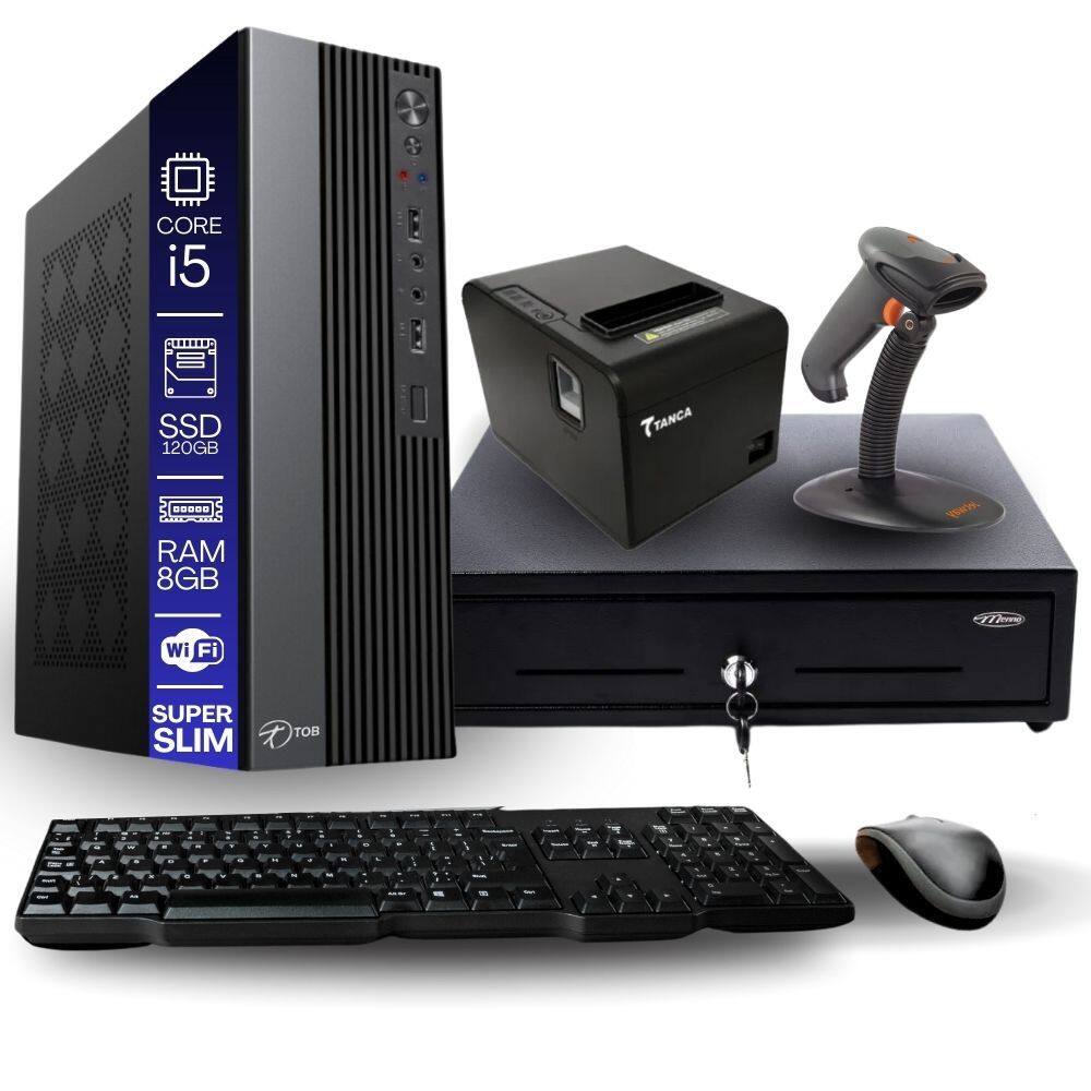 Kit Automação PDV TOB Intel i5 8GB SSD 120GB Win10 Rede S/Fio Teclado Mouse Gaveta Dinheiro Impressora Térmica Leitor Código de Barras