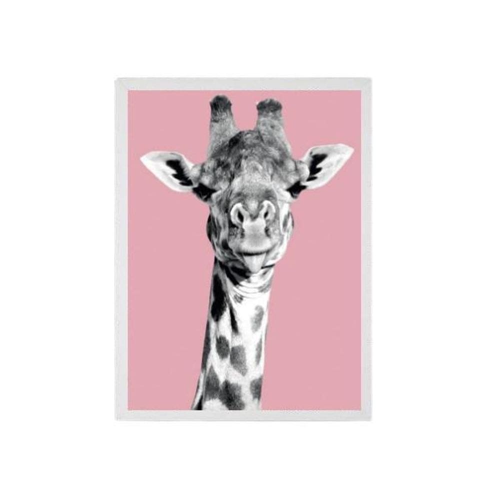 Quadro Foto Girafa Fundo Rosa 24X18Cm - Madeira Branca