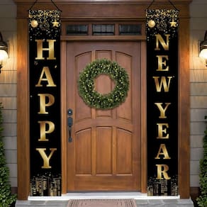 Banner de decoração Holiwoer Feliz Ano Novo 2025 Ouro Preto