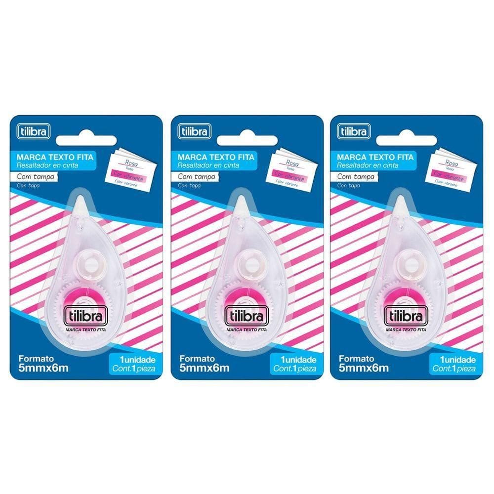 Kit Marca Texto Em Fita Rosa Tilibra - 5mmx6m C- 3 Unidades